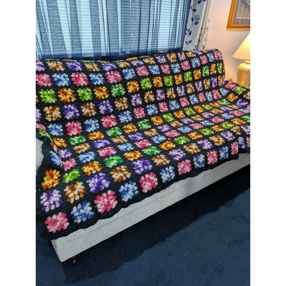 Vintage Handmade Crochet Granny Square Afghan Blanket Black‎ Multi Large Throw